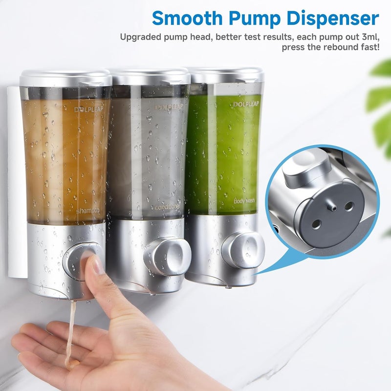 DOLPLEAP Shampoo Conditioner Body Wash Dispenser No Drill Shower Soap Dispenser Wall Mounted Shampoo Dispenser 3 Chamber with Upgrade Pump Head Bathroom Soap Dispenser 450ml/Each Sliver - Image 2